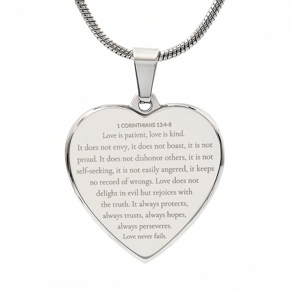 Personalized Engraved Heart Necklace with Scripture – 1 Corinthians 13:4-8 Christian Jewelry Gift