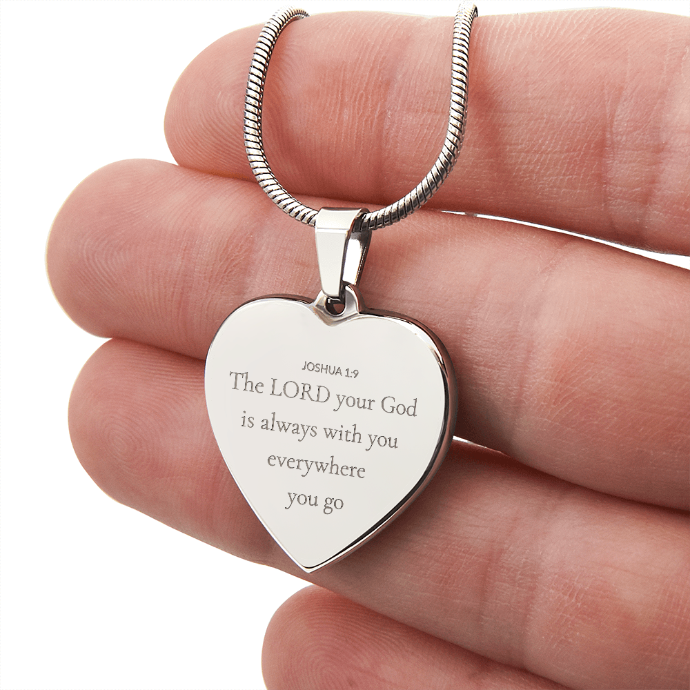 Personalized Engraved Heart Necklace with Scripture – Joshua 1:9 Christian Jewelry Gift. A meaningful Christian jewelry gift reminding you the Lord is always with you.