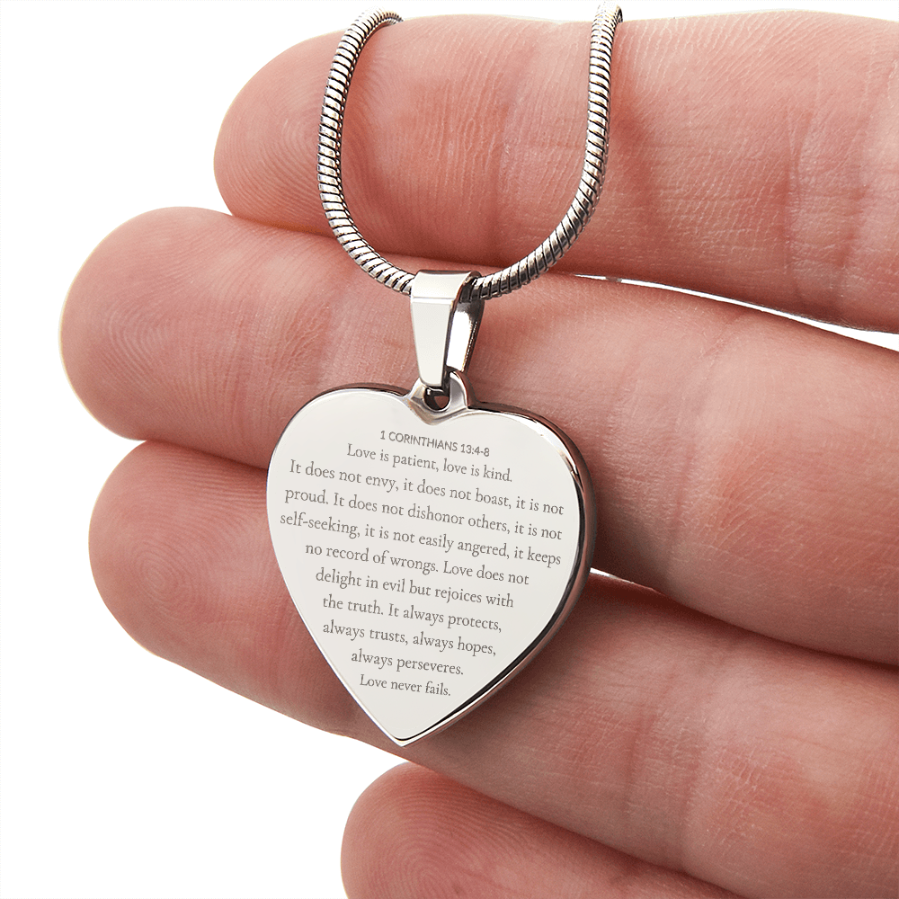 Personalized Engraved Heart Necklace with Scripture – 1 Corinthians 13:4-8 Christian Jewelry Gift