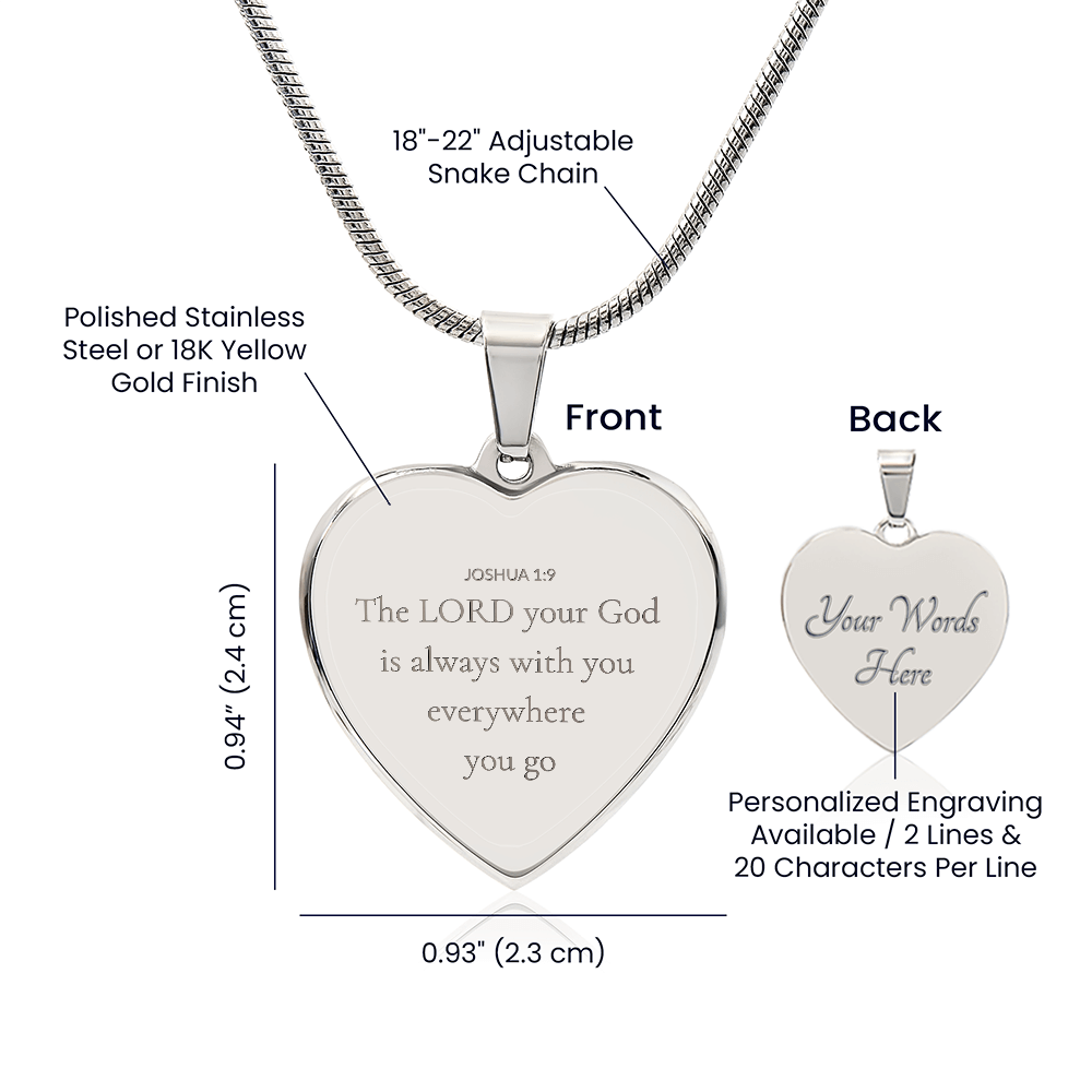 Personalized Engraved Heart Necklace with Scripture – Joshua 1:9 Christian Jewelry Gift. A meaningful Christian jewelry gift reminding you the Lord is always with you.