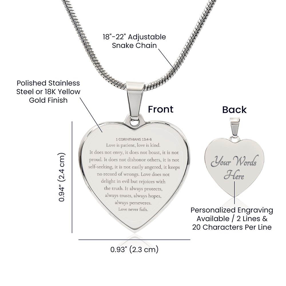 Personalized Engraved Heart Necklace with Scripture – 1 Corinthians 13:4-8 Christian Jewelry Gift