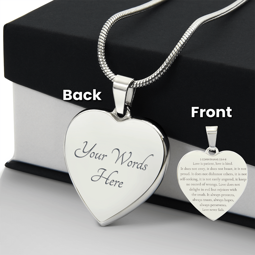 Personalized Engraved Heart Necklace with Scripture – 1 Corinthians 13:4-8 Christian Jewelry Gift