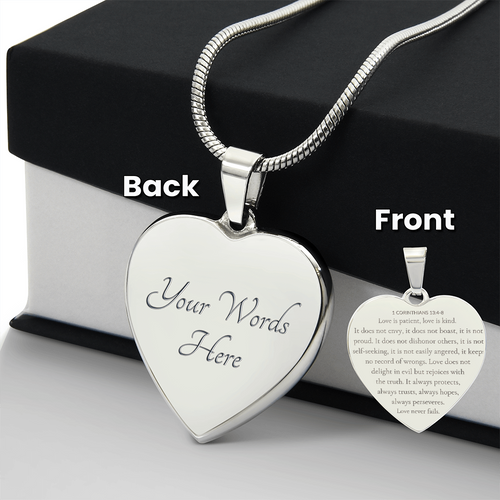 Personalized Engraved Heart Necklace with Scripture – 1 Corinthians 13:4-8 Christian Jewelry Gift