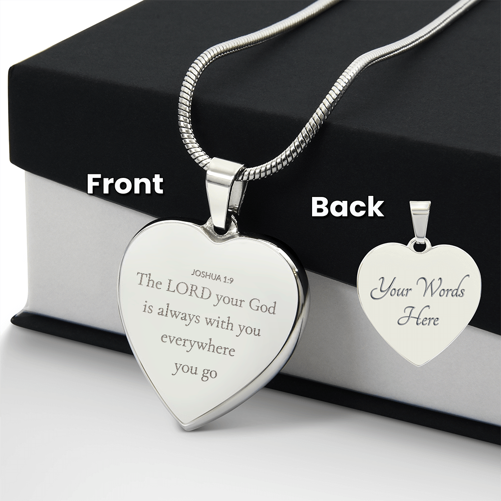 Personalized Engraved Heart Necklace with Scripture – Joshua 1:9 Christian Jewelry Gift. A meaningful Christian jewelry gift reminding you the Lord is always with you.