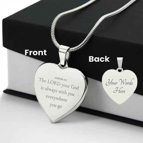 Personalized Engraved Heart Necklace with Scripture – Joshua 1:9 Christian Jewelry Gift. A meaningful Christian jewelry gift reminding you the Lord is always with you.
